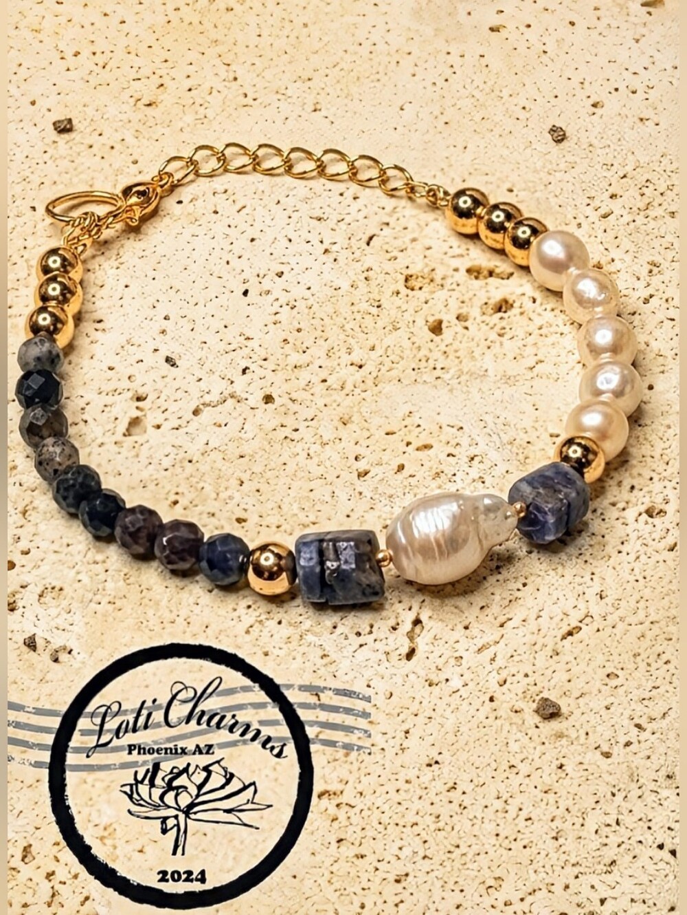 Genuine Natural  Sapphire & Baroque Pearl In Artisan Handctafted  Bead Bracelet